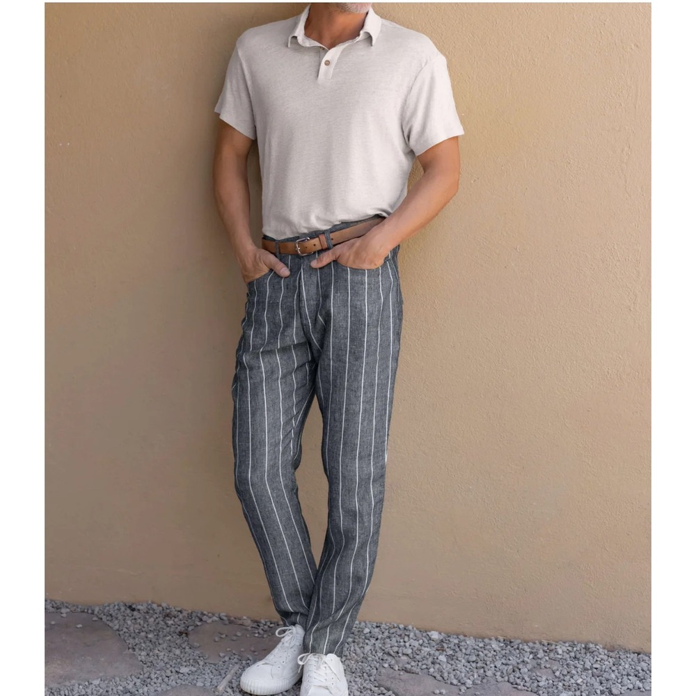 Alex Crane Cham Linen Pants Mens 32 Chalk Stripe Sustainable French Linen Grey